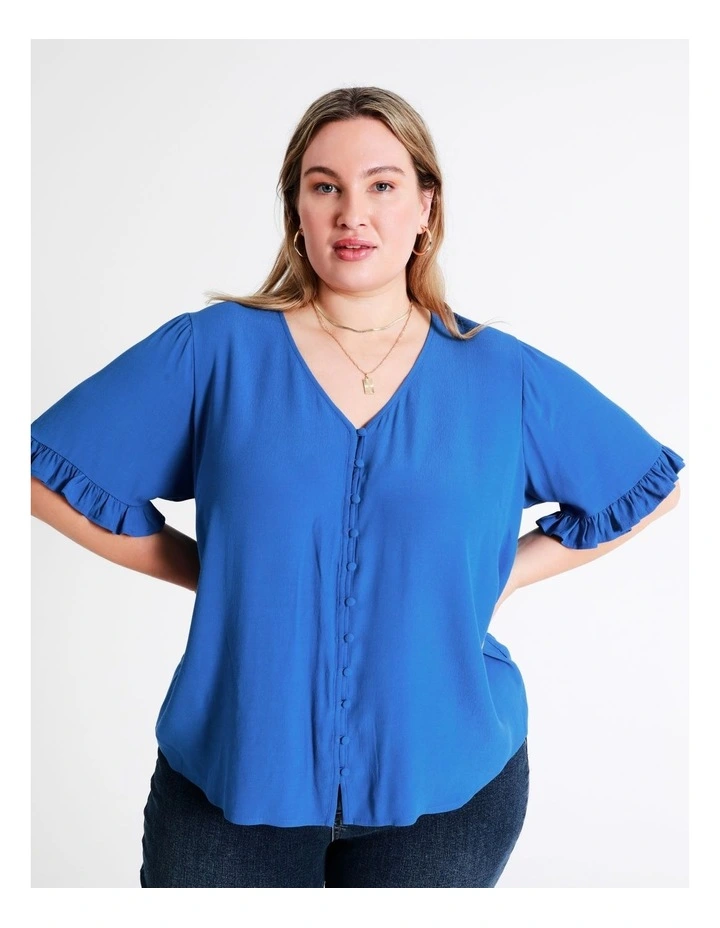 Frill Sleeve Button Through Top In Cobalt - Image 3