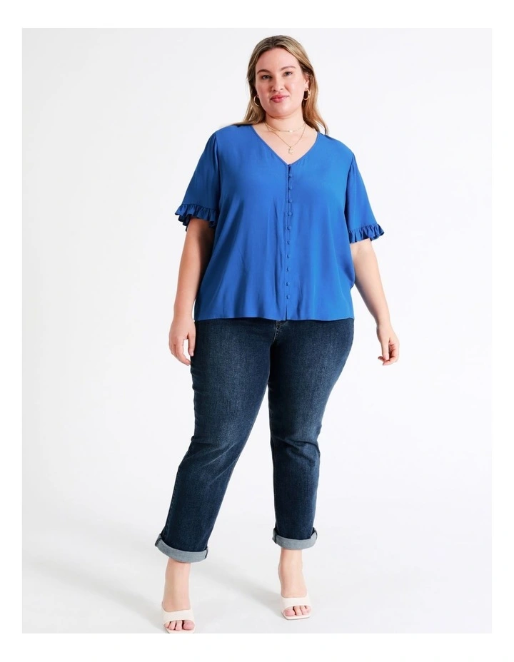 Frill Sleeve Button Through Top In Cobalt - Image 4