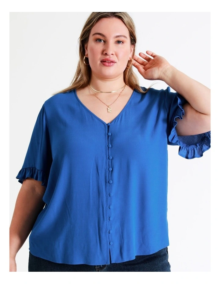 Frill Sleeve Button Through Top In Cobalt - Image 5