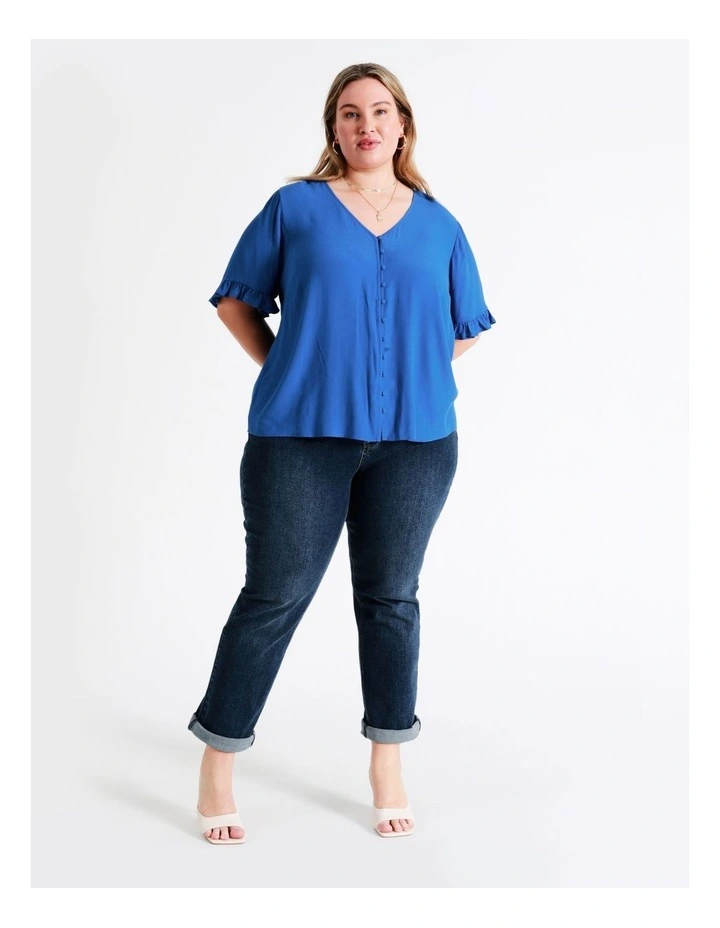 Frill Sleeve Button Through Top In Cobalt - Image 6