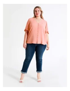 Frill Sleeve Button Through Top In Apricot