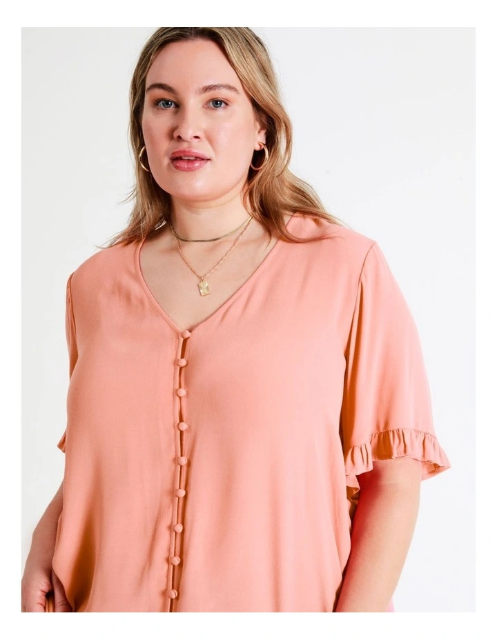 Frill Sleeve Button Through Top In Apricot - Image 2