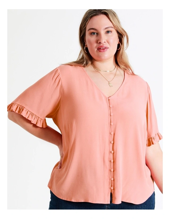 Frill Sleeve Button Through Top In Apricot - Image 4