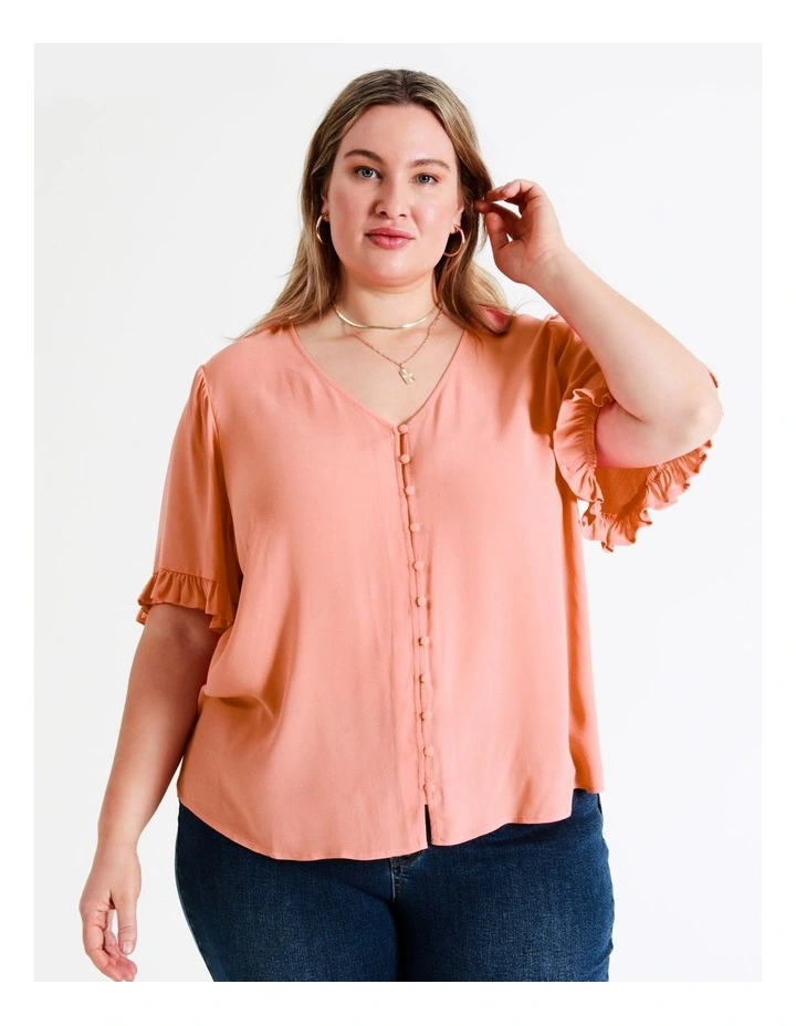 Frill Sleeve Button Through Top In Apricot - Image 5