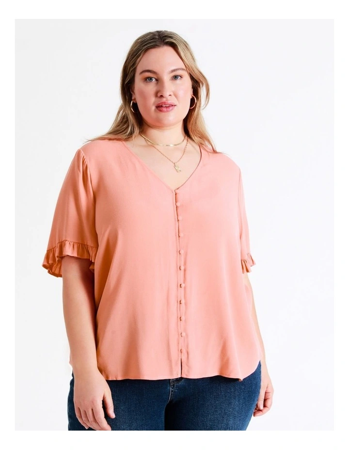 Frill Sleeve Button Through Top In Apricot - Image 6