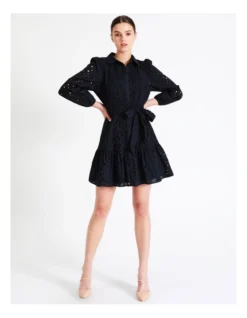 Organic Cotton Broderie Mini Shirt Dress In Navy