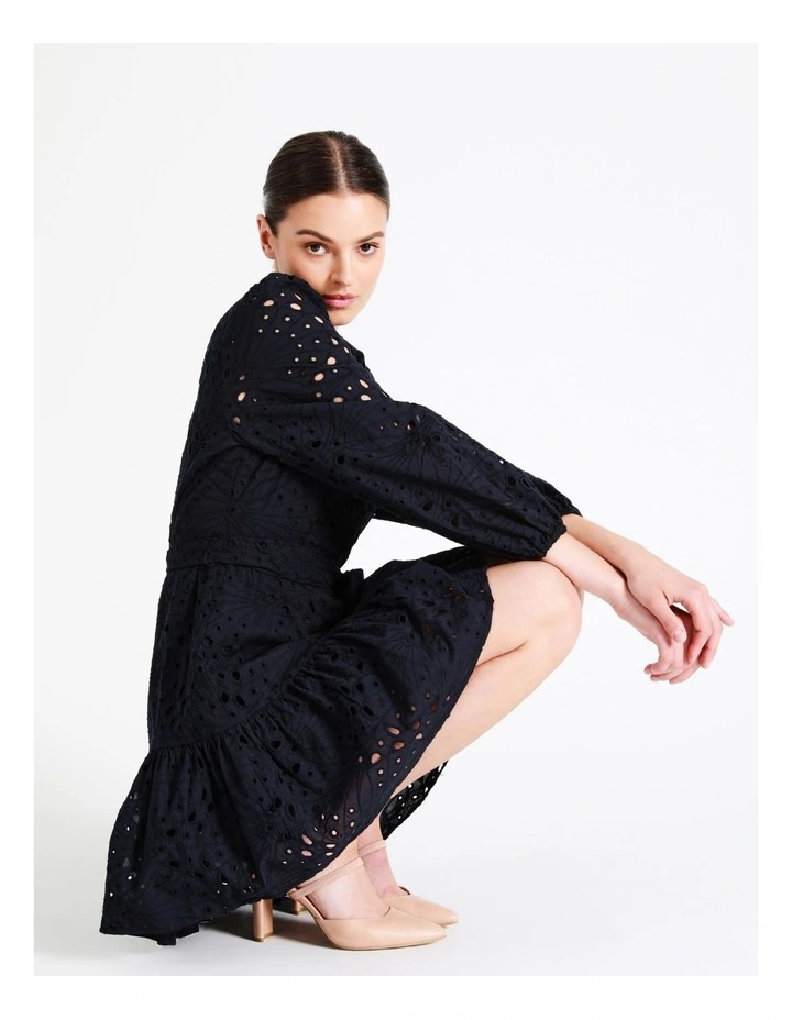 Organic Cotton Broderie Mini Shirt Dress In Navy - Image 2