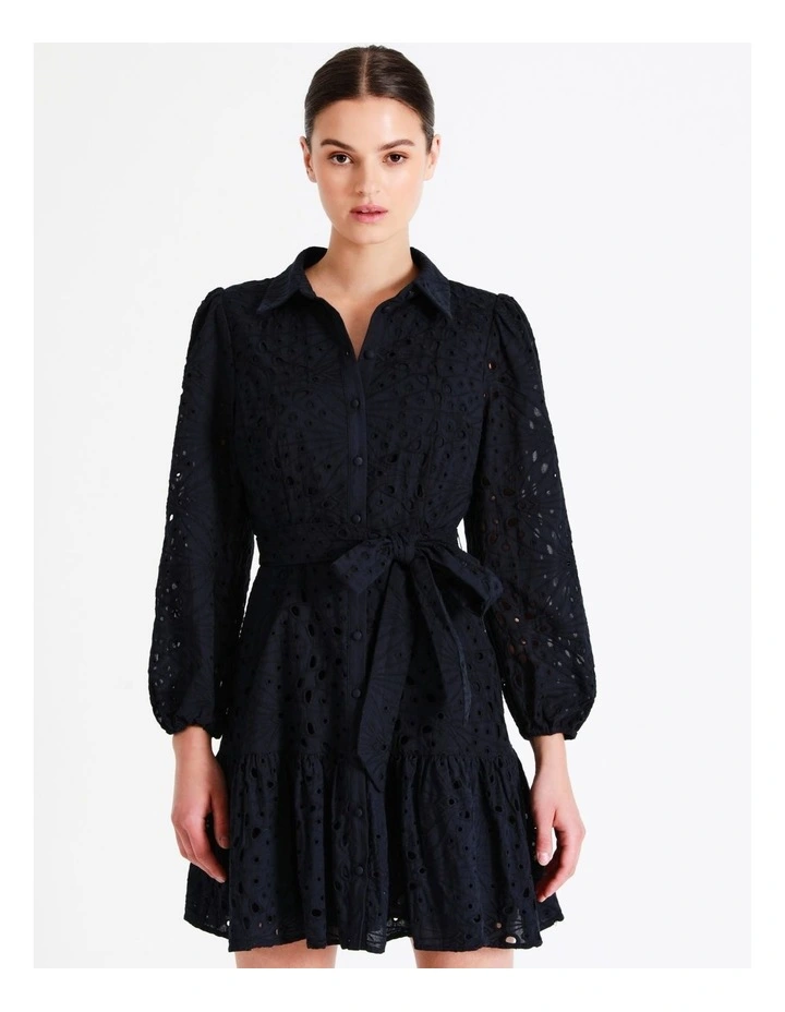 Organic Cotton Broderie Mini Shirt Dress In Navy - Image 3