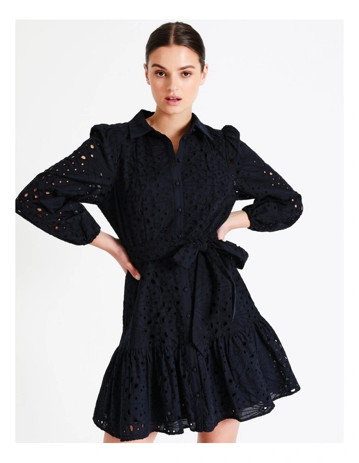 Organic Cotton Broderie Mini Shirt Dress In Navy - Image 4
