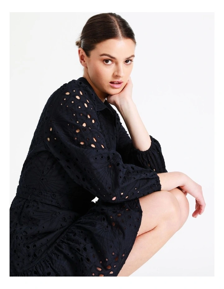 Organic Cotton Broderie Mini Shirt Dress In Navy - Image 5