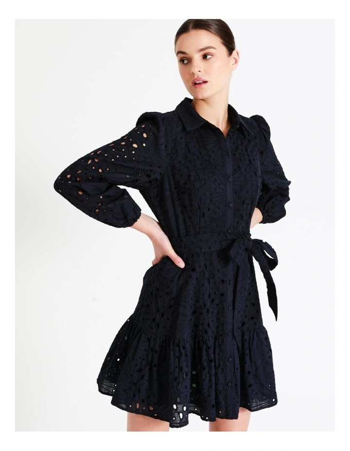 Organic Cotton Broderie Mini Shirt Dress In Navy - Image 7