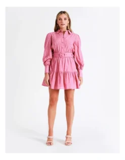 Organic Cotton Blend Check Shirt Dress In Pink