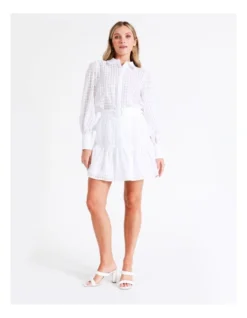 Organic Cotton Blend Belted Check Mini Skirt In White