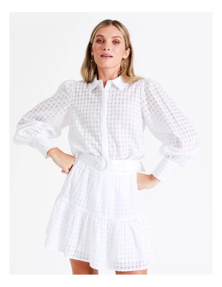 Organic Cotton Blend Belted Check Mini Skirt In White - Image 2
