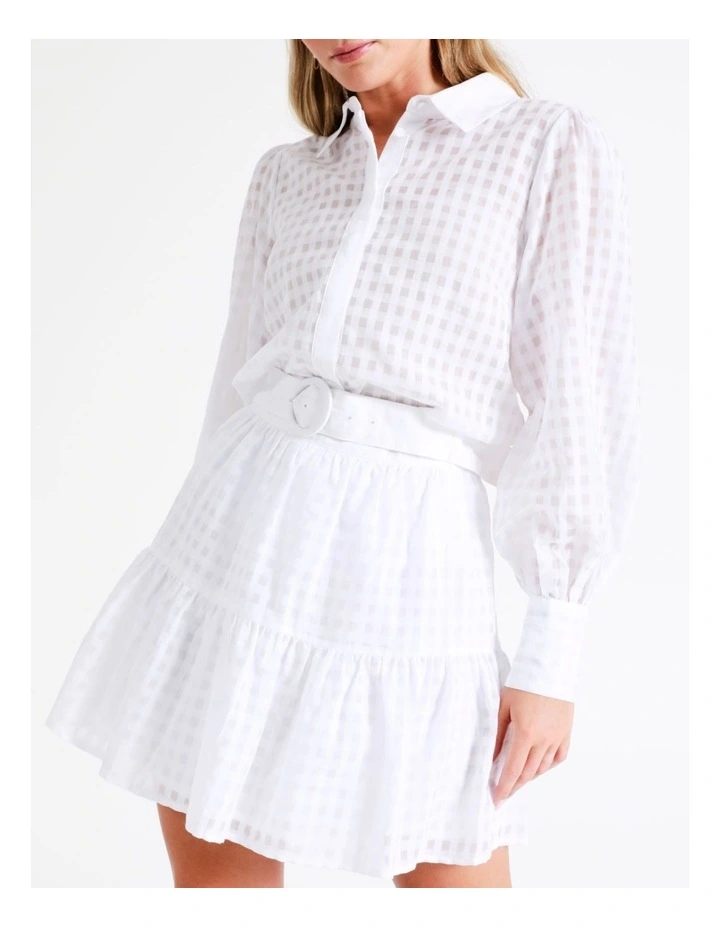 Organic Cotton Blend Belted Check Mini Skirt In White - Image 3