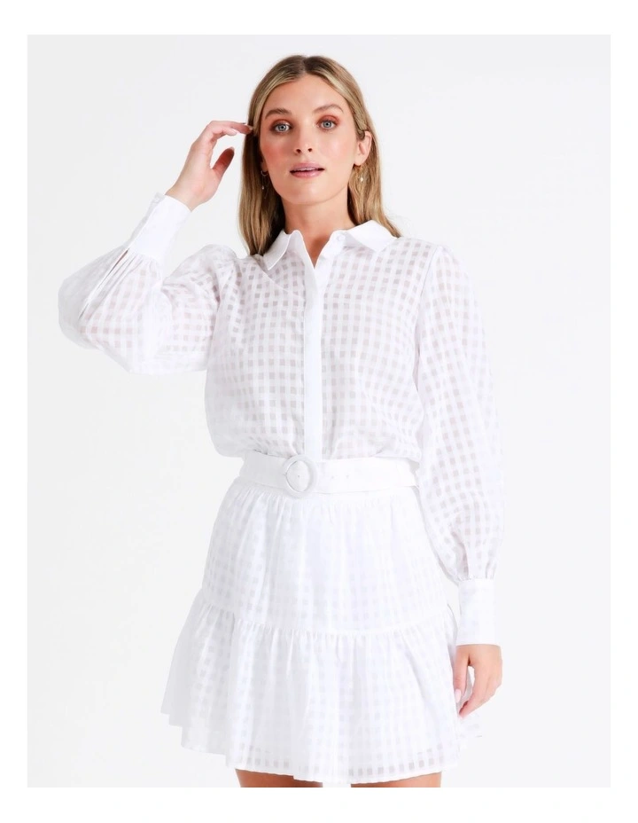 Organic Cotton Blend Belted Check Mini Skirt In White - Image 4