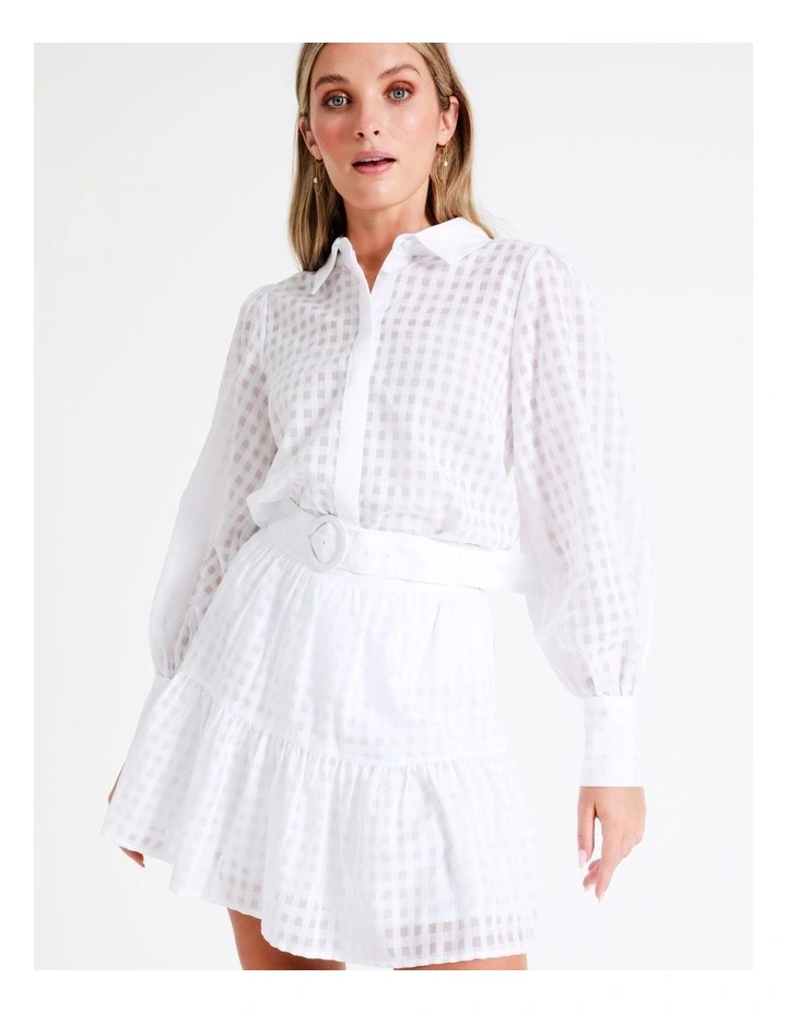 Organic Cotton Blend Belted Check Mini Skirt In White - Image 6