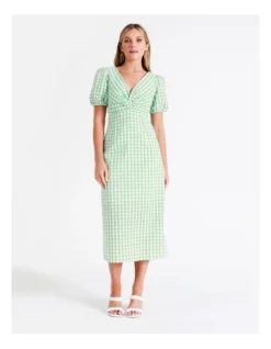 Recycled Blend Twist Front Check Midi Dress In Green