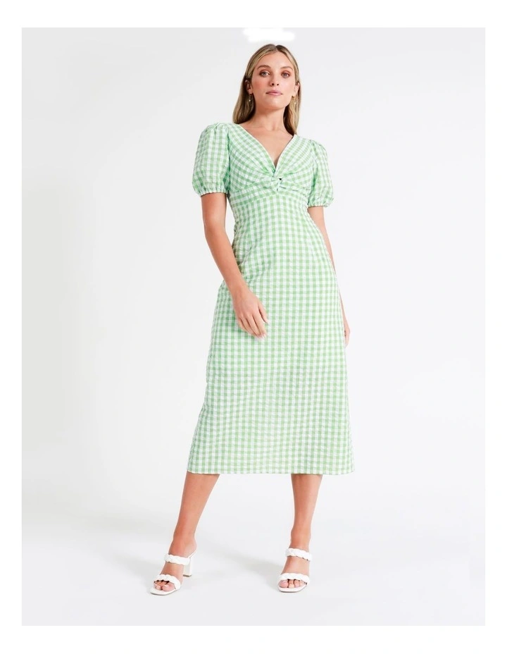 Recycled Blend Twist Front Check Midi Dress In Green - Image 5