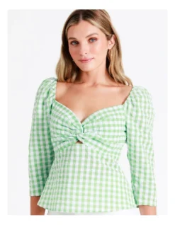 Recycled Blend Twist Front Check Top In Green