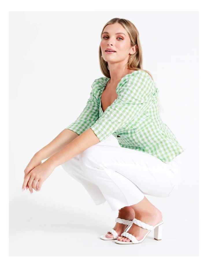 Recycled Blend Twist Front Check Top In Green - Image 3