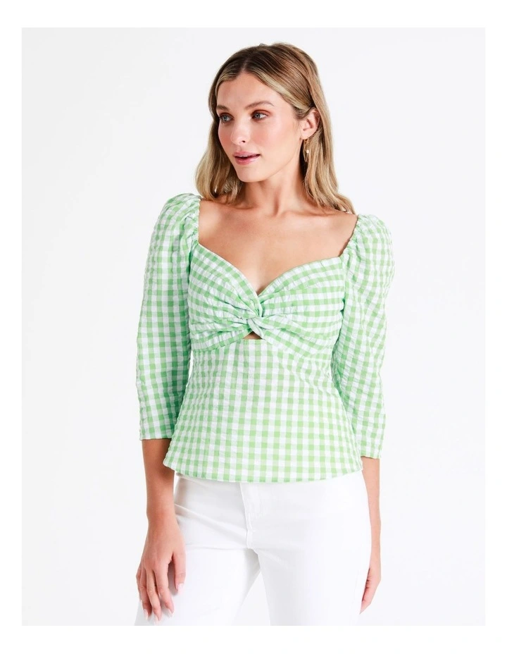 Recycled Blend Twist Front Check Top In Green - Image 4