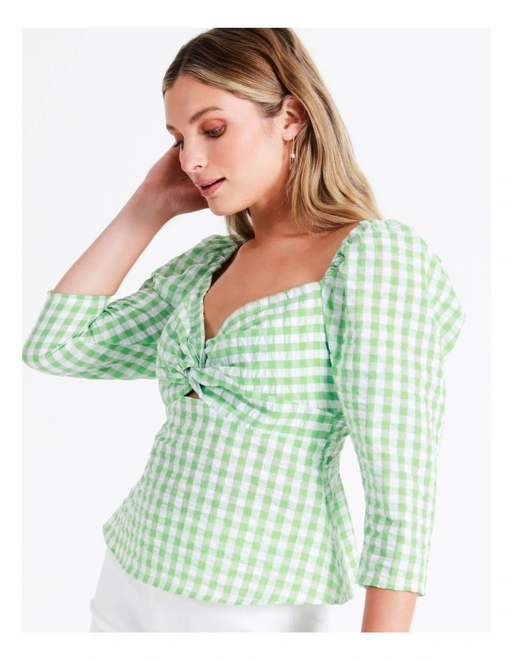 Recycled Blend Twist Front Check Top In Green - Image 5