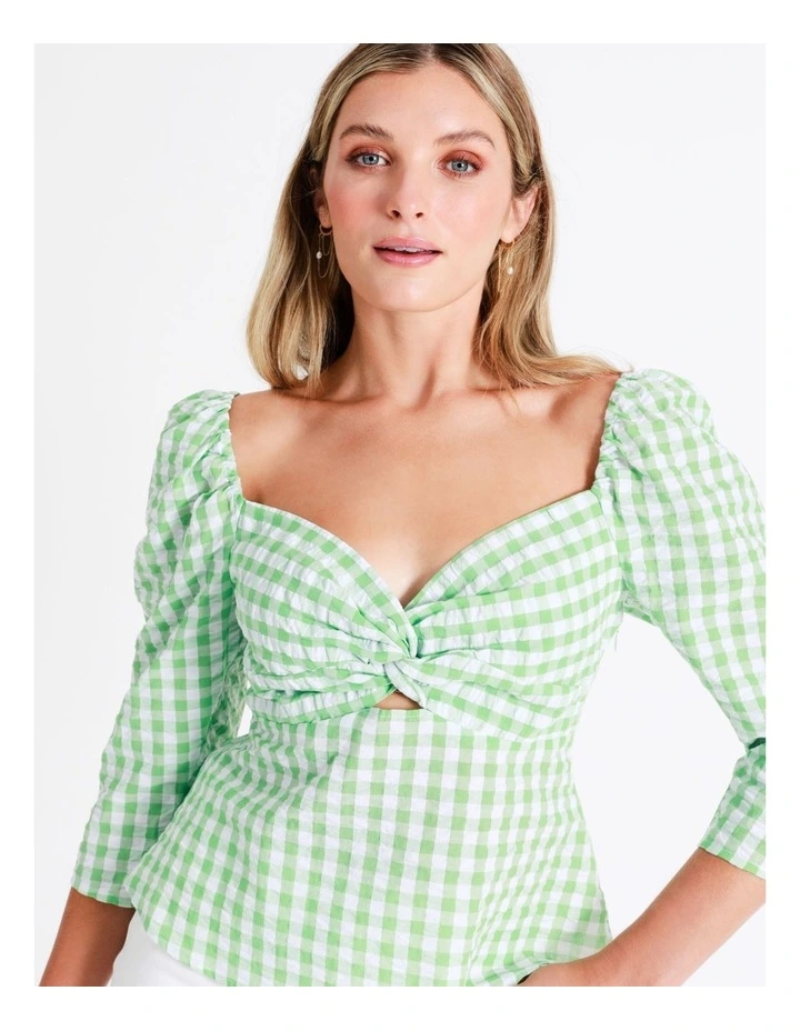 Recycled Blend Twist Front Check Top In Green - Image 6