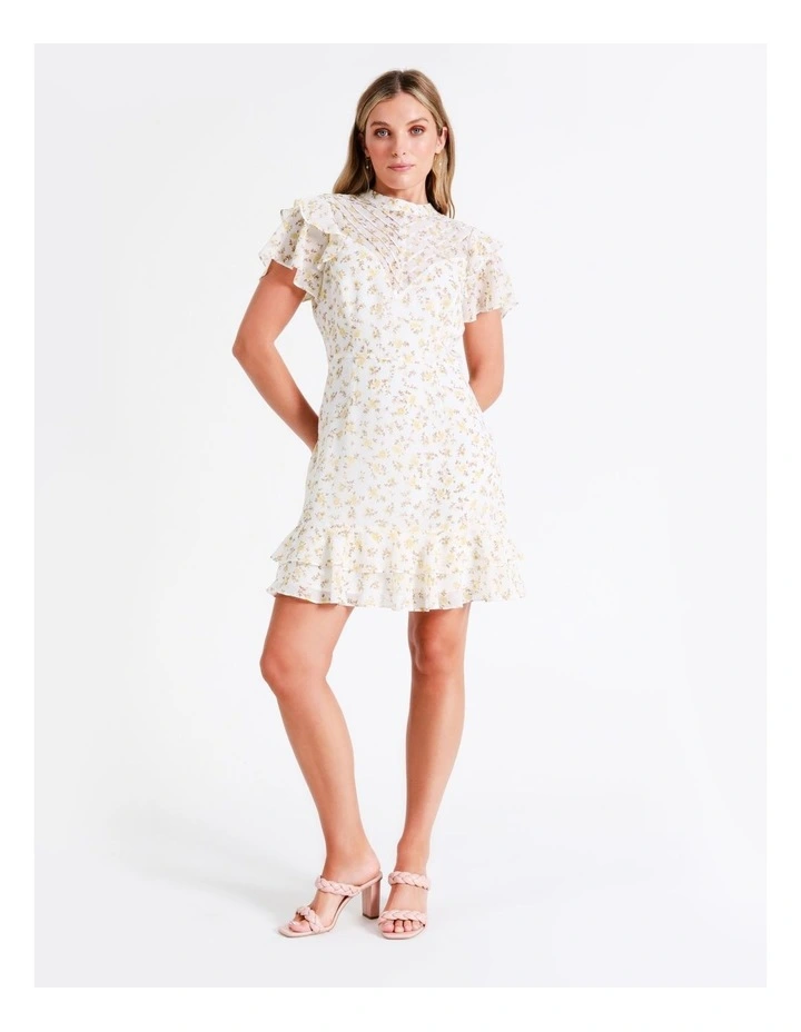 Recycled Blend Pintuck Detail Flutter Sleeve Mini Dress In Yellow