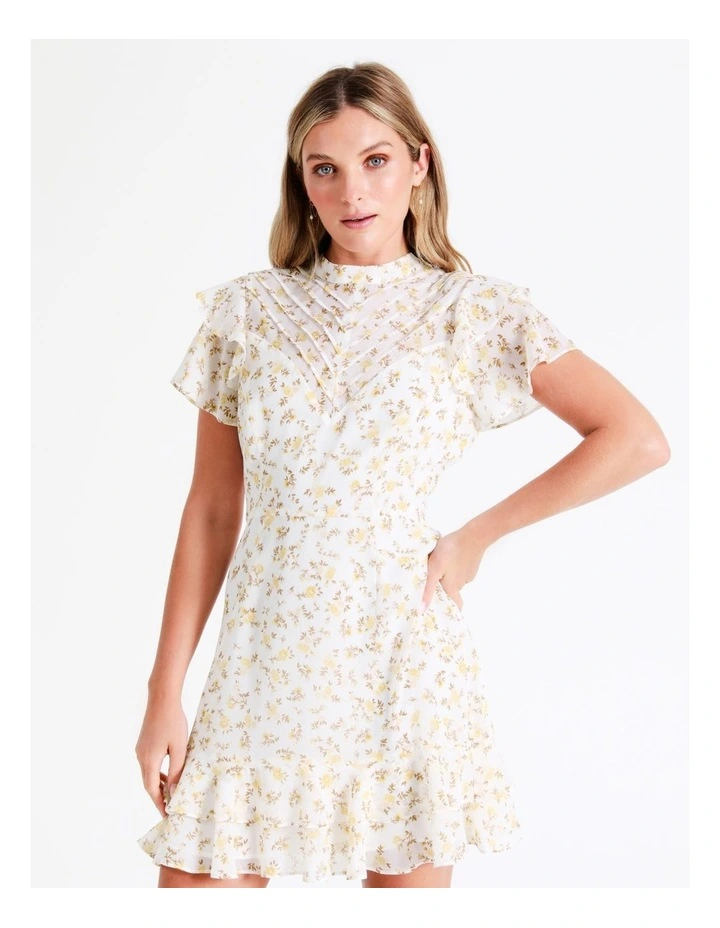 Recycled Blend Pintuck Detail Flutter Sleeve Mini Dress In Yellow - Image 3