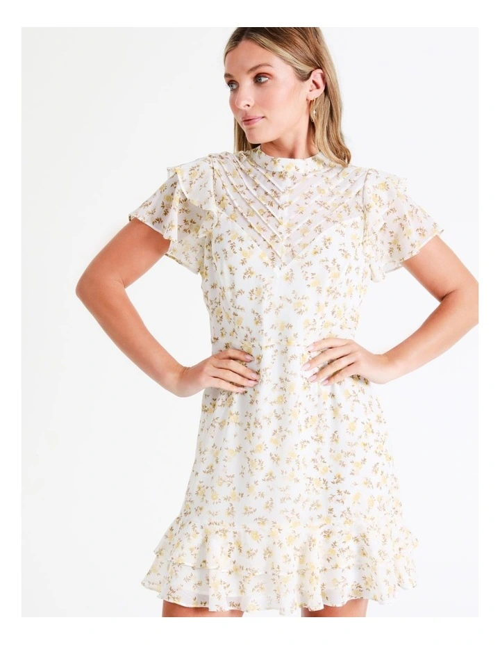 Recycled Blend Pintuck Detail Flutter Sleeve Mini Dress In Yellow - Image 5