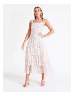 Recycled Blend Tie Back Tiered Midi Dress In Pink