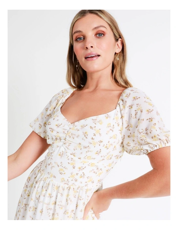 Recycled Puff Sleeve Sweetheart Midi Dress In Yellow - Image 4