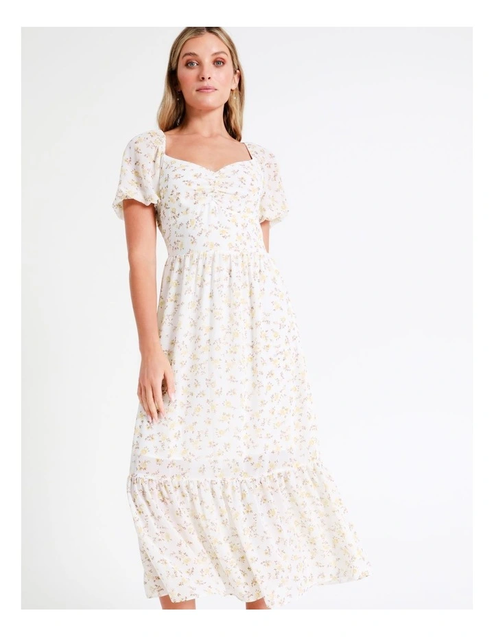 Recycled Puff Sleeve Sweetheart Midi Dress In Yellow - Image 6