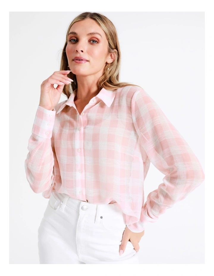 Recycled Relaxed Georgette Check Shirt In Blush - Image 4