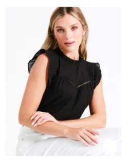 Organic Cotton Blend Ladder Trim Top In Black