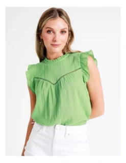 Organic Cotton Blend Ladder Trim Top In Green