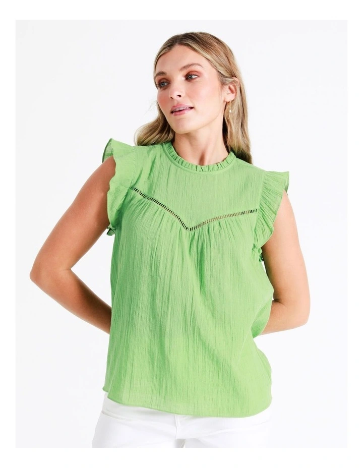 Organic Cotton Blend Ladder Trim Top In Green - Image 3