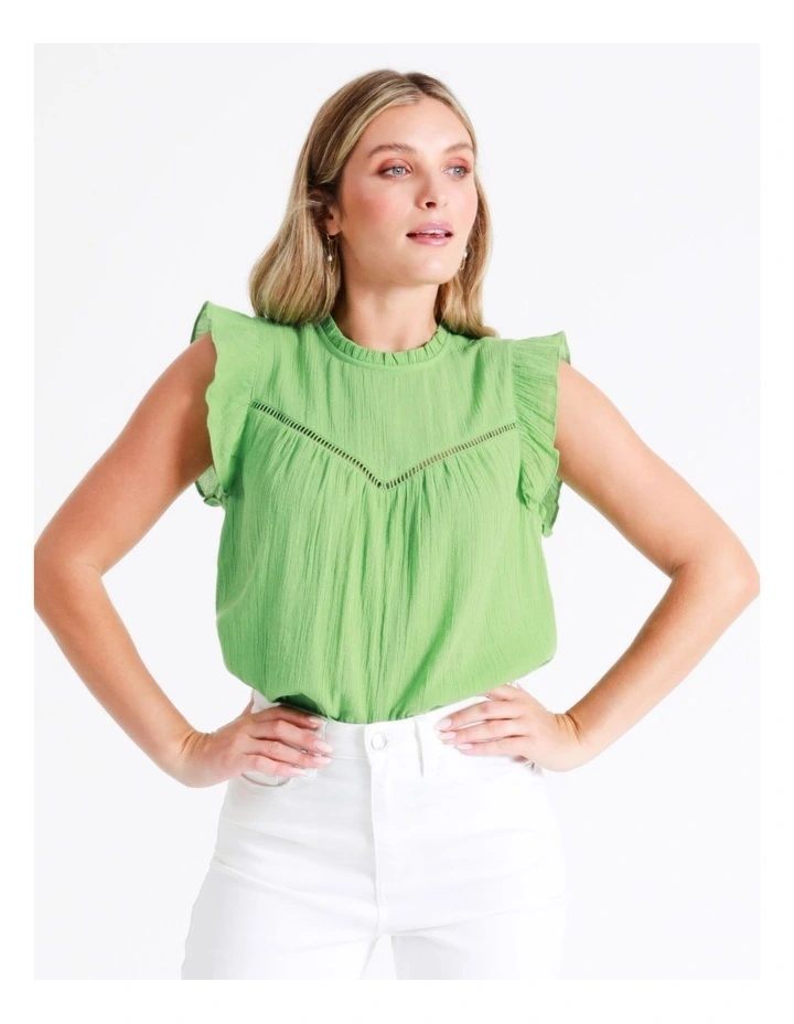 Organic Cotton Blend Ladder Trim Top In Green - Image 5