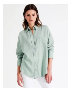 European Linen Blend Oversized Shirt In Sage