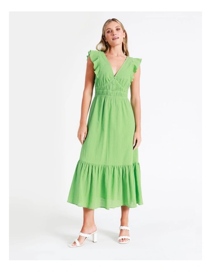 Organic Cotton Blend Smocked Midi Dress In Green