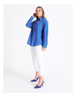 European Linen Blend Oversized Shirt In Cobalt