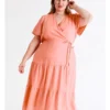 European Linen Tiered Wrap Midi Dress In Apricot