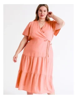 European Linen Tiered Wrap Midi Dress In Apricot