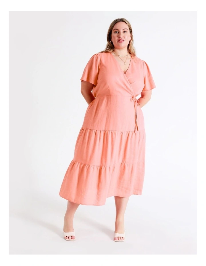 European Linen Tiered Wrap Midi Dress In Apricot - Image 3
