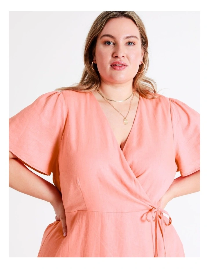 European Linen Tiered Wrap Midi Dress In Apricot - Image 4