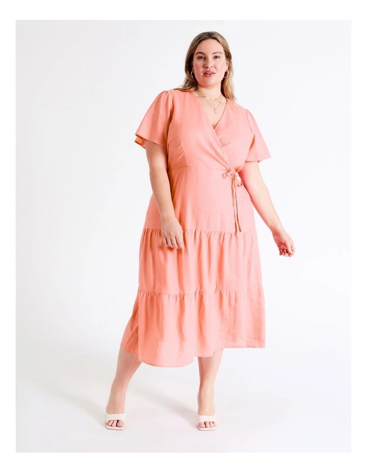 European Linen Tiered Wrap Midi Dress In Apricot - Image 5
