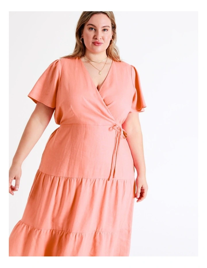 European Linen Tiered Wrap Midi Dress In Apricot - Image 7