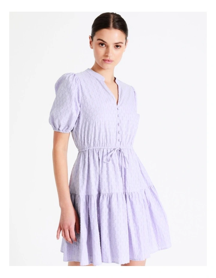 Organic Cotton Broderie Puff Sleeve Mini Dress In Lavender - Image 3