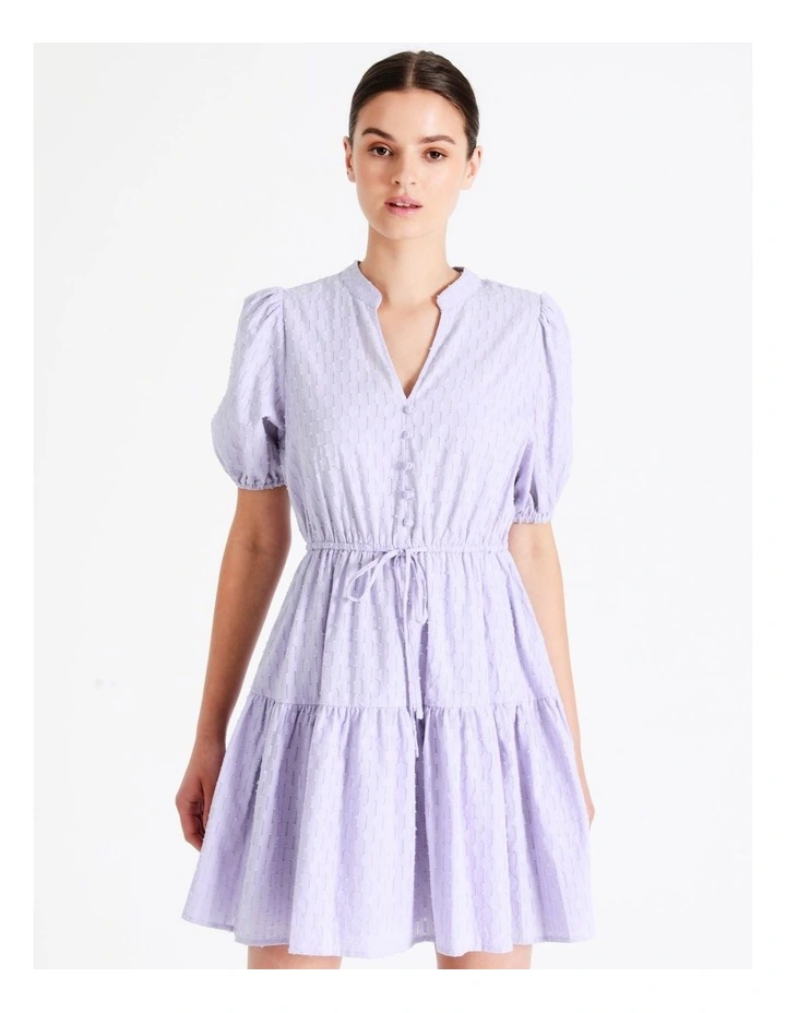 Organic Cotton Broderie Puff Sleeve Mini Dress In Lavender - Image 5